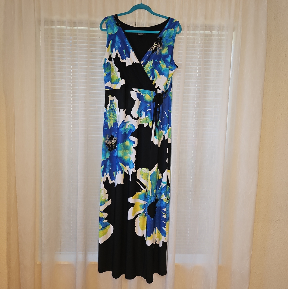 Glamour Blue, Black & White Floral Wrap Maxi Dress